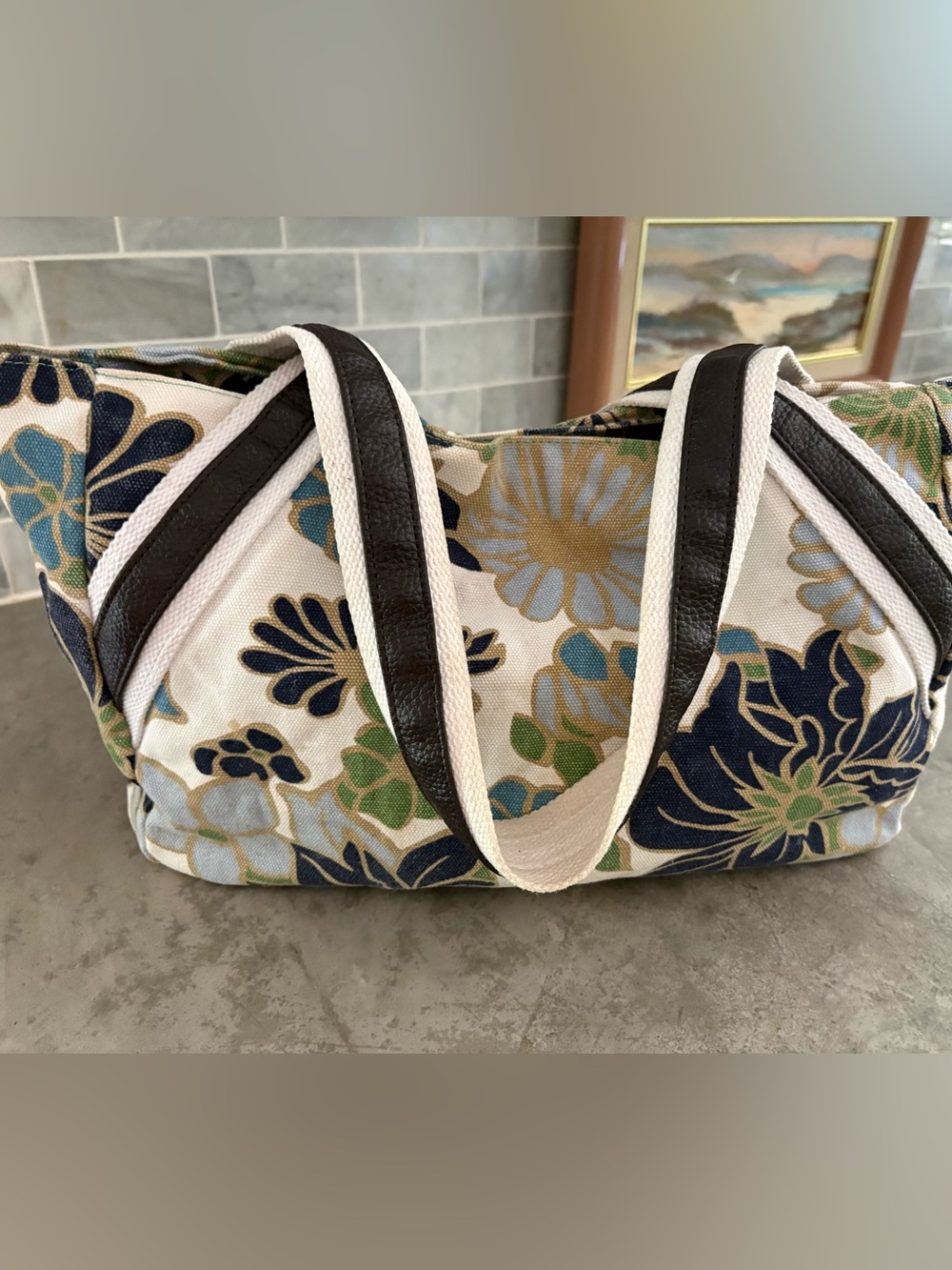 Talbots canvas tote floral pattern in blue, green, and cream.